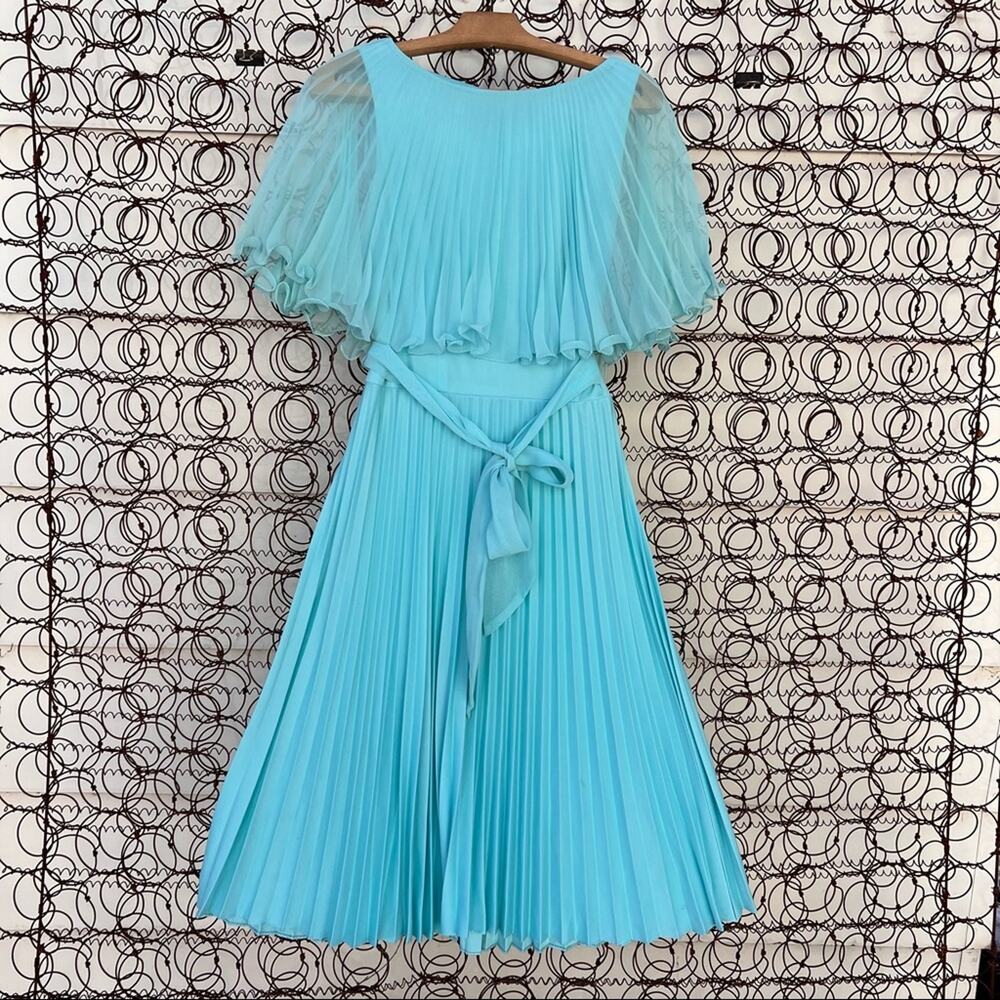 Vintage 60s light blue sheer cape accordion pleat dress maxi MEDIUM?